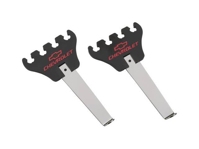Spark Plug Wire Retainer Set, (2), chrome arm w/ black 4-wire separator featuring *CHEVROLET* and the *Bowtie* logo in red, GM Licensed Reproduction