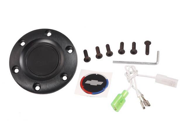 Volante Horn Cap, S6 Sport 6 Bolt Series, Black Surround W/ Tri-Color Ring and Silver Bowtie on a Black Background Center Cap