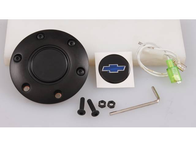 Volante Horn Cap, S6 Sport 6 Bolt Series, Black Surround W/ Blue Bowtie on a Black Background Center Cap