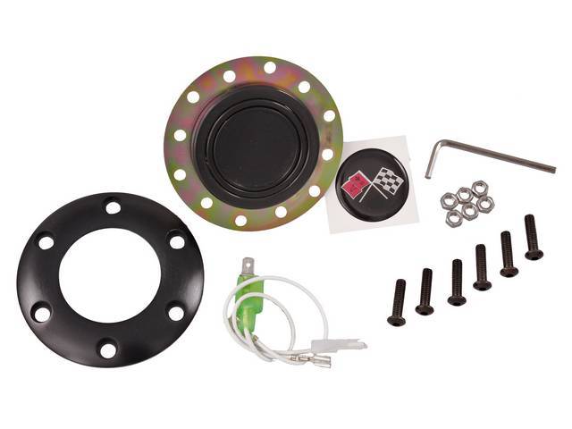 Volante Horn Cap, S6 Sport 6 Bolt Series, Black Surround W/ Corvette Style Crossed Flags in Red and Checkered on a Black Background Center Cap