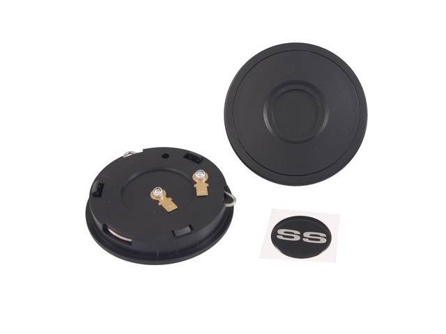 Volante Horn Cap, S9 Premium 9 Bolt Series, Black Surround W/ White *SS* on a Black Background Center Cap