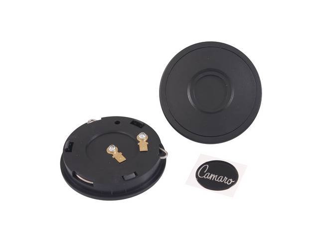 Volante Horn Cap, S9 Premium 9 Bolt Series, Black Surround W/ *Camaro* script in chrome (similar to 1970-74 Fender emblem) on a Black Background Center Cap