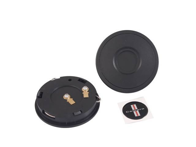 Volante Horn Cap, S9 Premium 9 Bolt Series, Black Surround W/ *Camaro* Text in Chrome (Similar to 1967 Fender Emblem) w/ stripe on a Black Background Center Cap