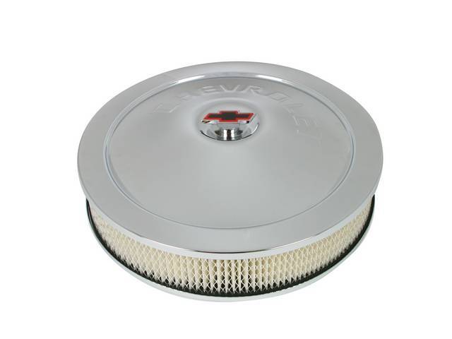 Air Cleaner Assembly, Steel, Classic, 14 inch x 3 inch, Chrome finish, **CHEVROLET and Black bowtie**, GM Licensed Reproduction