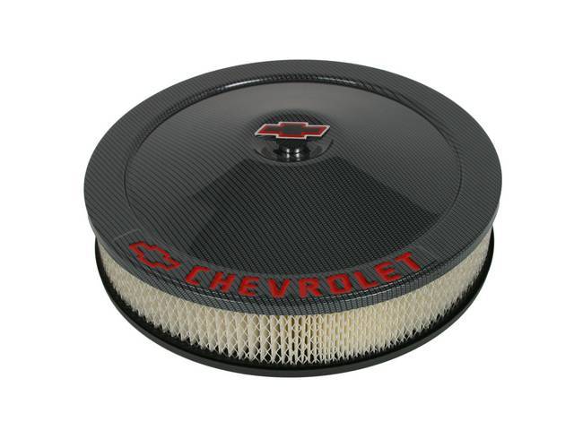 Air Cleaner Assembly, Steel, Classic, 14 inch x 3 inch, Carbon style, **CHEVROLET and Red Bowtie**, GM Licensed Reproduction