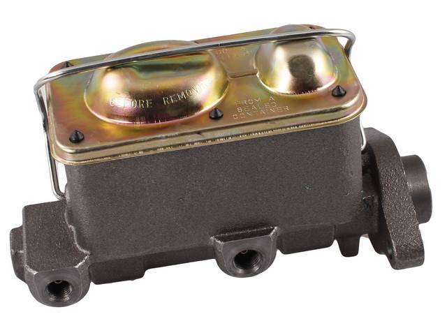 Master Cylinder, Dual Bowl, 1 1/8 Inch Bore, OE-style w/ single bail and zinc finish rectangle cap, reproduction