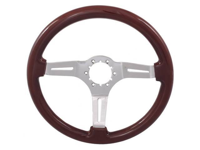 STEERING WHEEL, Volante, S6 Sport 6 Bolt Series, 3 Spoke w/ Slots, Mahogany Wood Outer Rim w/ Chrome Center, 14 inch O.D. w/ a 2-1/2 Inch Dish