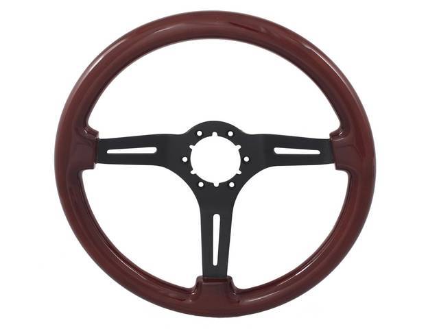 STEERING WHEEL, Volante, S6 Sport 6 Bolt Series, 3 Spoke w/ Slots, Mahogany Wood Outer Rim w/ Matte Black Center, 14 inch O.D. w/ a 2-1/2 Inch Dish