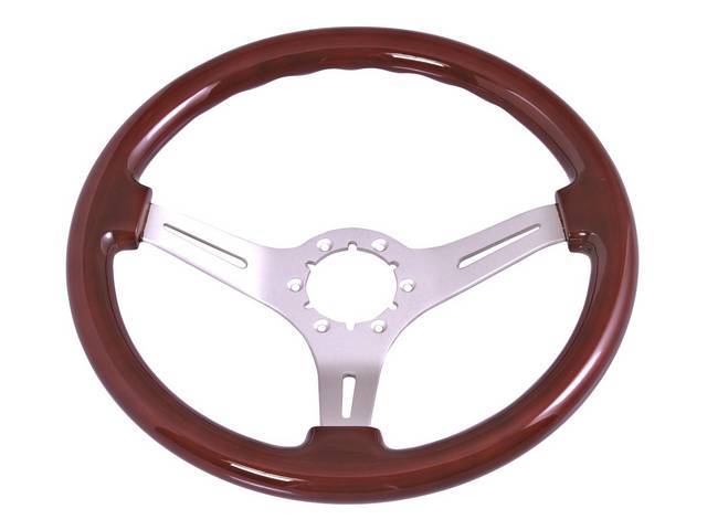 STEERING WHEEL, Volante, S6 Sport 6 Bolt Series, 3 Spoke w/ Slots, Mahogany Wood Outer Rim w/ Satin Aluminum Center, 14 inch O.D. w/ a 2-1/2 Inch Dish