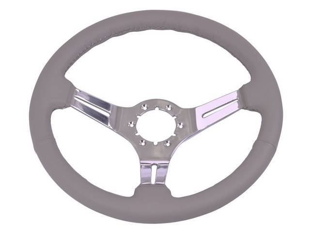 STEERING WHEEL, Volante, S6 Sport 6 Bolt Series, 3 Spoke w/ Slots, Grey Leather Outer Rim w/ Chrome Center, 14 Inch O.D. w/ a 2-1/2 Inch Dish