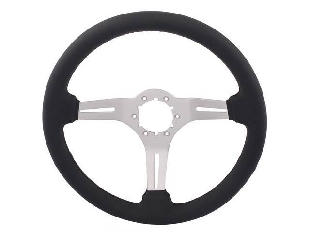 STEERING WHEEL, Volante, S6 Sport 6 Bolt Series, 3 Spoke w/ Slots, Black Leather Outer Rim w/ Brushed Aluminum Center, 14 Inch O.D. w/ a 2-1/2 Inch Dish