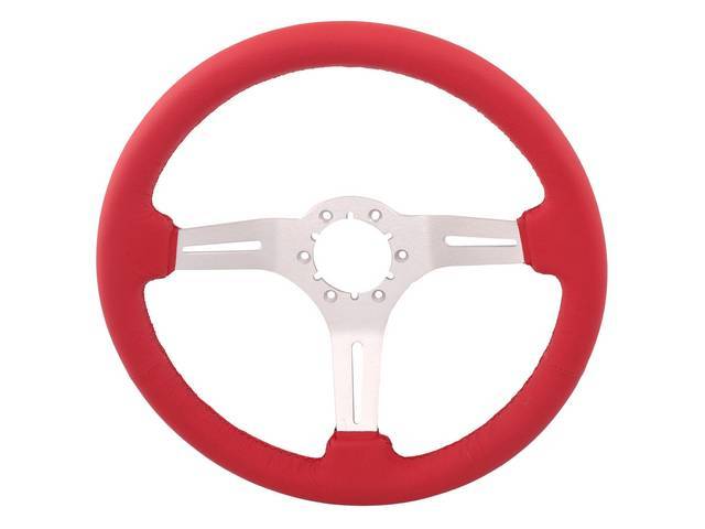 STEERING WHEEL, Volante, S6 Sport 6 Bolt Series, 3 Spoke w/ Slots, Red Leather Outer Rim w/ Brushed Aluminum Center, 14 Inch O.D. w/ a 2-1/2 Inch Dish