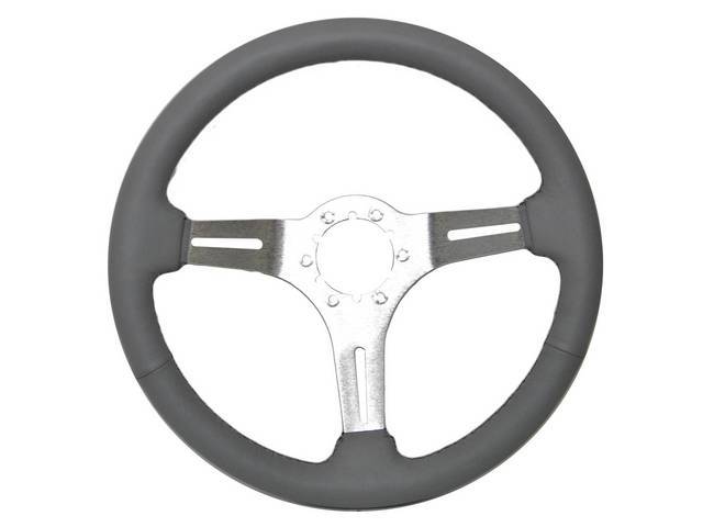 STEERING WHEEL, Volante, S6 Sport 6 Bolt Series, 3 Spoke w/ Slots, Grey Leather Outer Rim w/ Brushed Aluminum Center, 14 Inch O.D. w/ a 2-1/2 Inch Dish