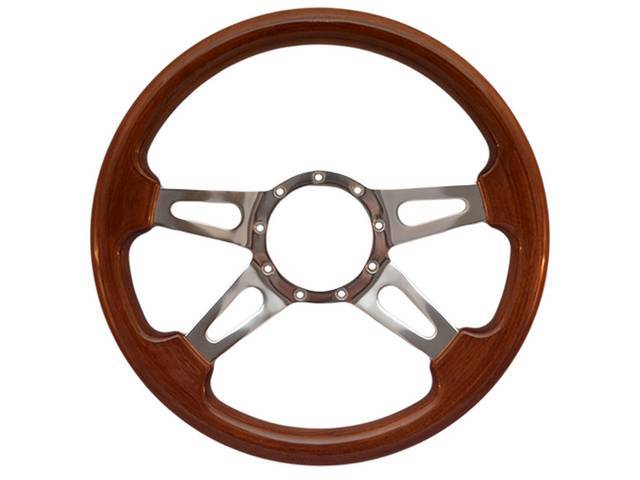 STEERING WHEEL, Volante, S9 Premium 9 Bolt Series, 4 Spoke w/ Slots, Walnut Wood Outer Rim w/ Polished Aluminum Center, 14 Inch O.D. w/ a 2 Inch Dish