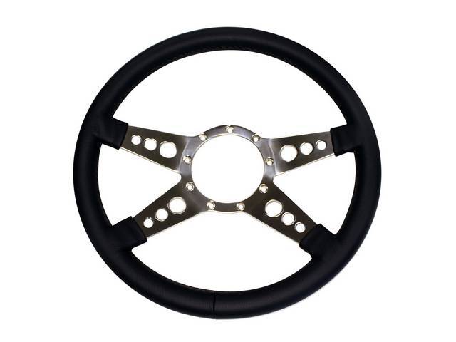 STEERING WHEEL, Volante, S9 Premium 9 Bolt Series, 4 Spoke w/ Holes, Black Leather Outer Rim w/ Polished Aluminum Center, 14 Inch O.D. w/ a 2 Inch Dish