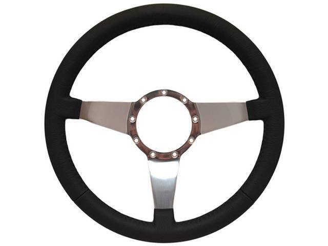 STEERING WHEEL, Volante, S9 Premium 9 Bolt Series, 3 Spoke Solid, Black Leather Outer Rim w/ Polished Aluminum Center, 14 Inch O.D. w/ a 2 Inch Dish