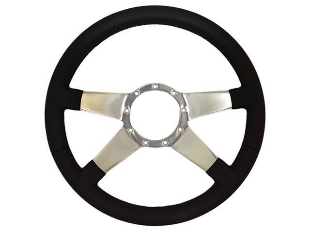 STEERING WHEEL, Volante, S9 Premium 9 Bolt Series, 4 Spoke Solid, Black Leather Outer Rim w/ Polished Aluminum Center, 14 Inch O.D. w/ a 2 Inch Dish