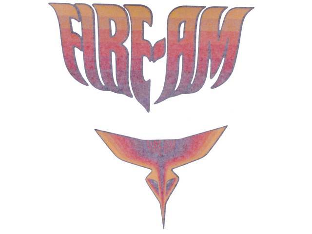 HOOD BIRD AND NAME KIT, Fire Am by VSE / Very Special Equipment / Herb Adams, 9 color, reflective, (7) includes one Hood Bird measuring 50 inch x 57 inch, three *Fire Am* color decals for fenders and spoiler, two sail panel bird decals w/ *Fire AM* letter