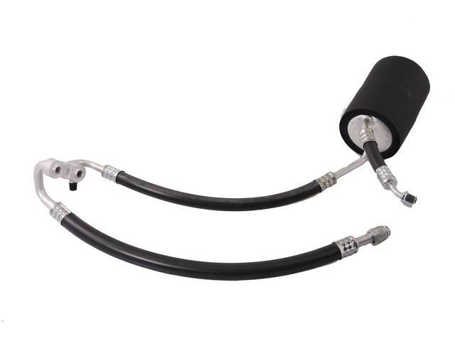 A/C Compressor Hose Set with remote muffler, connects compressor to top fitting of condenser and accumulator on evaportor unit, US-Made reproduction