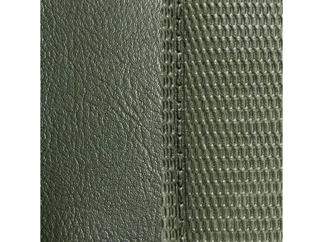 Restoration Quality Fold Down Rear Seat Upholstery Set, Dlx Comfortweave Dk Green Met Madrid Grain Vinyl w/ Comfortweave inserts & buttons, Repro (69)