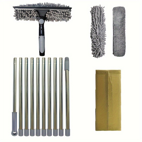 1 Set, 2in 1 Window Cleaning Brush And Scraper Set with Telescopic Pole, Reusable Hardness Brush, High Reach Outdoor And Glass Cleaning Tools, Contains Multiple Parts And Machine Washable Flannel Cloth, Christmas Gift, Halloween Gift, Grey Color