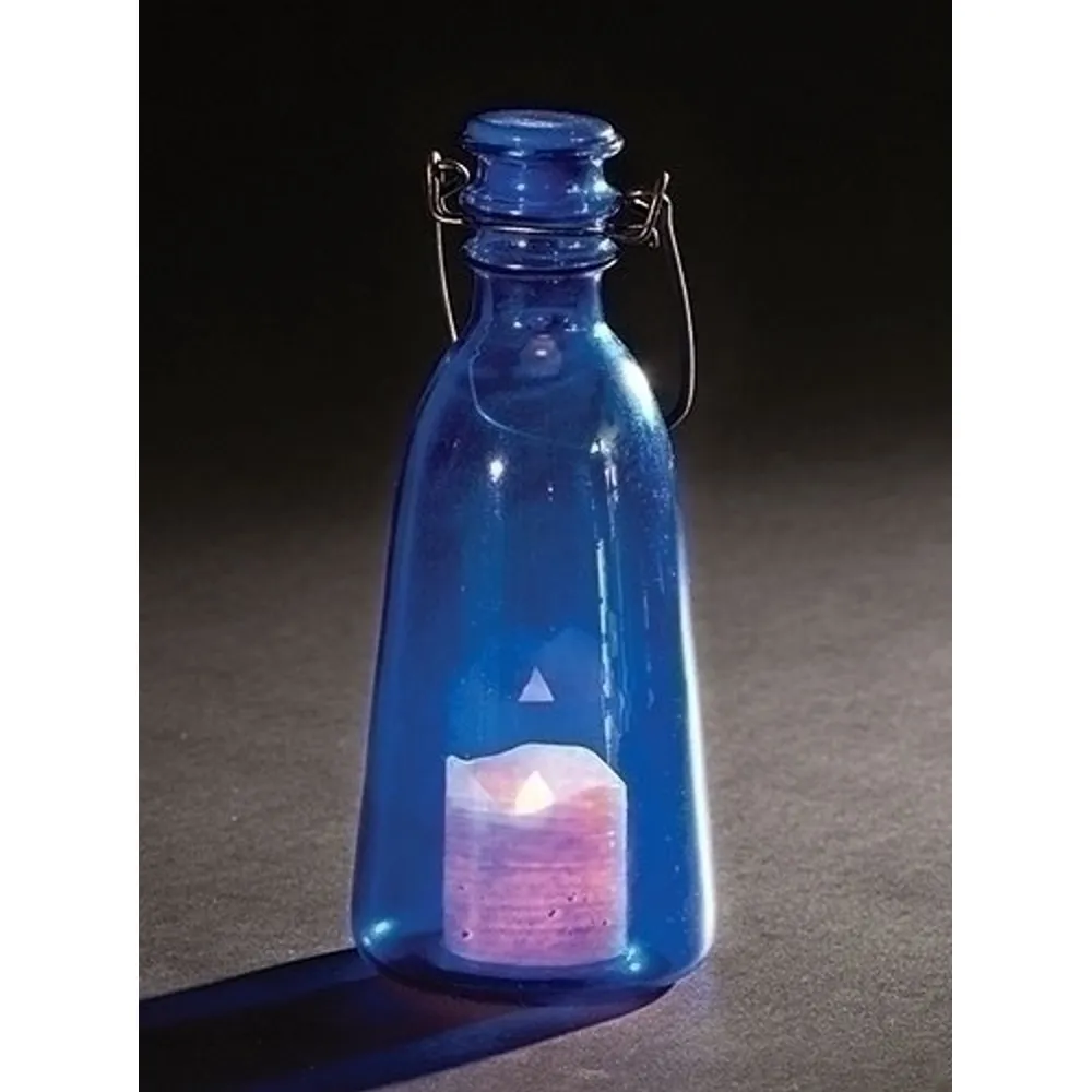 Pack of 4 Battery Operated LED Lighted Tropical Blue Flameless Candle Bottle 7.5″