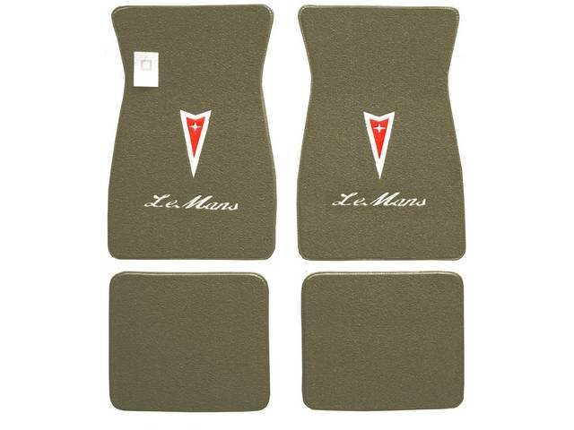 FLOOR MATS, Carpet, raylon (loop style), sandalwood w/ Pontiac *Arrowhead* in red w/ silver surround and *LeMans* in white script letters on front mats, (4)