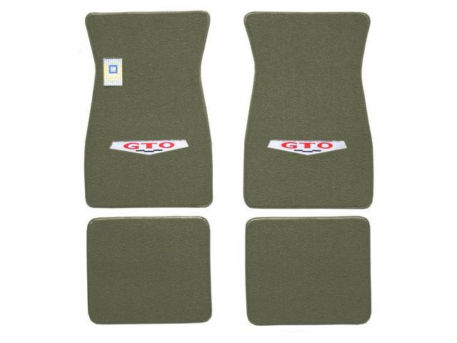FLOOR MATS, Carpet, raylon (loop style), sandalwood w/ *GTO* shield (1969 marker design) in red block lettering and silver surround on front mats, (4)