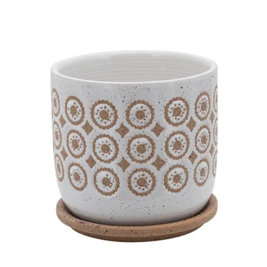 Circles Ceramic Planter with Saucer – 6″ – Beige and Cream