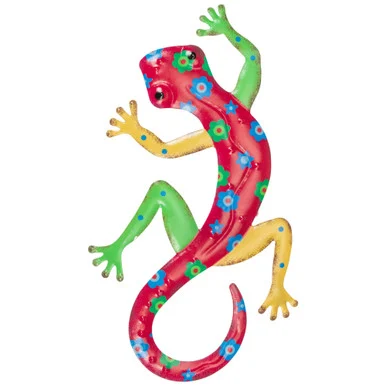 Colorful 11.75″ Red Floral Metal Lizard Outdoor Wall Hanging – Vibrant Southwest Décor