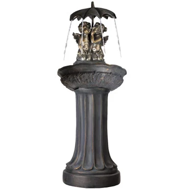 Create Serenity with 45″ Bronze Colored Cherubs Holding an Umbrella Patio Fountain