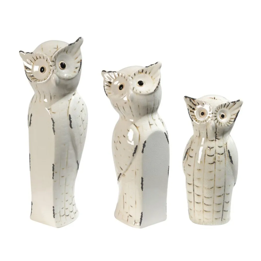 Set of 3 White and Black Vintage Style Owl Trio Figurine Statues – Charming Home Decor
