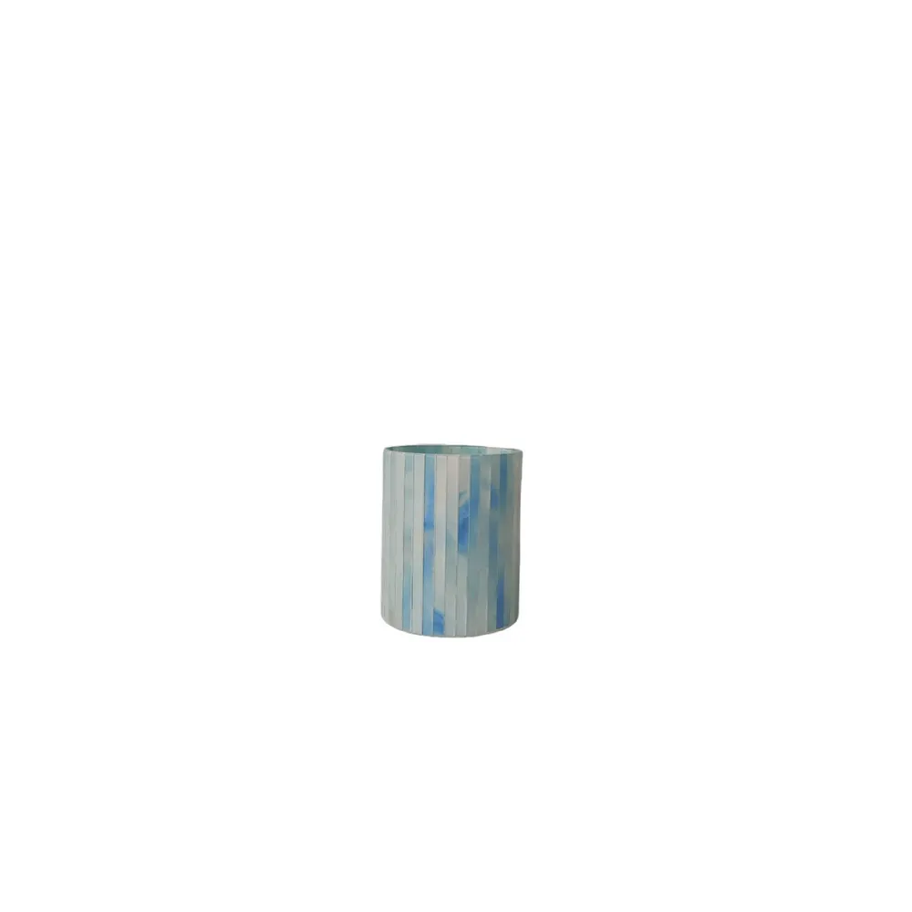Striped Cylindrical Votive Candle Holder – 5.5″ – Blue and White