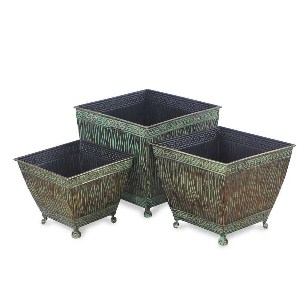 Set of 3 Bronze and Green Antique Floral Style Planters 13.25″