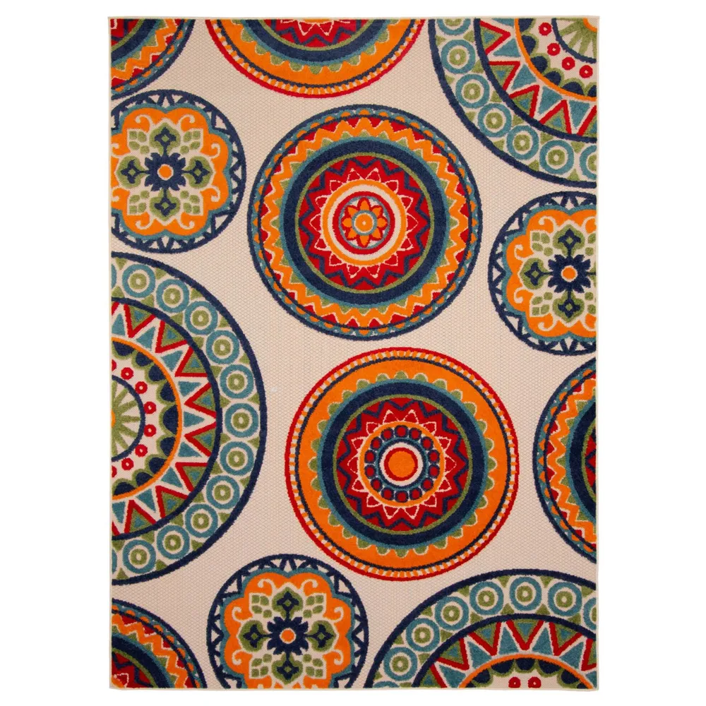 6.5′ x 9.5′ Orange and Blue Geometric Boho Rectangular Area Throw Rug