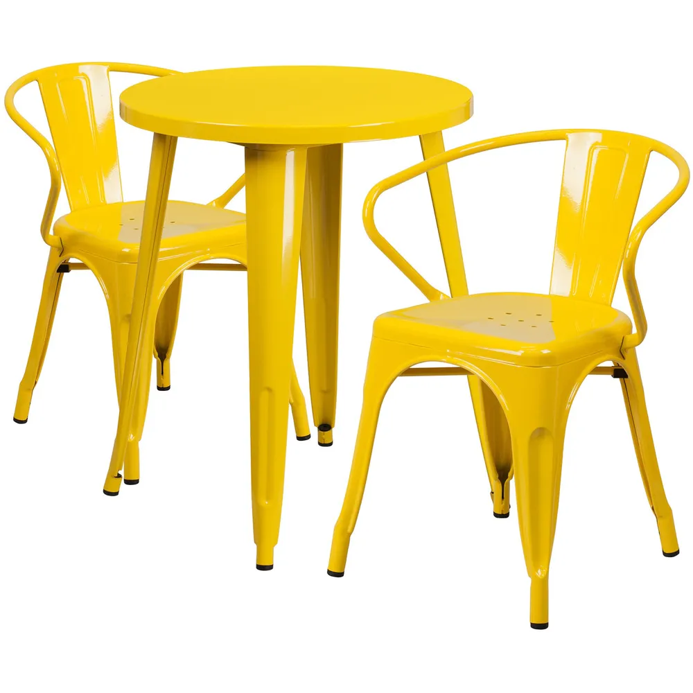 Chic 29” Yellow Metal Round Indoor-Outdoor Table Set with 2 Arm Chairs
