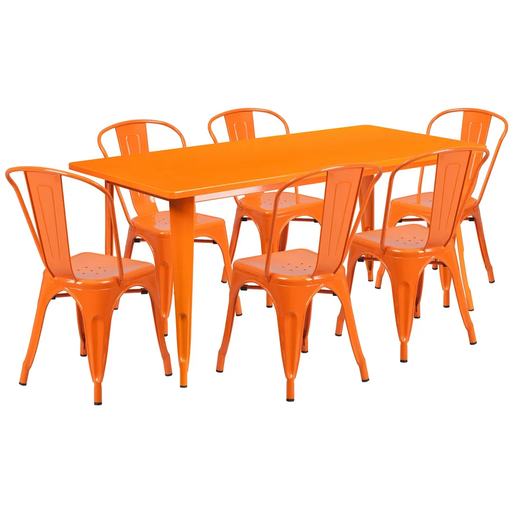 Set of 7 Rectangular Orange Metal Indoor or Outdoor Table and Stack Chairs 63″