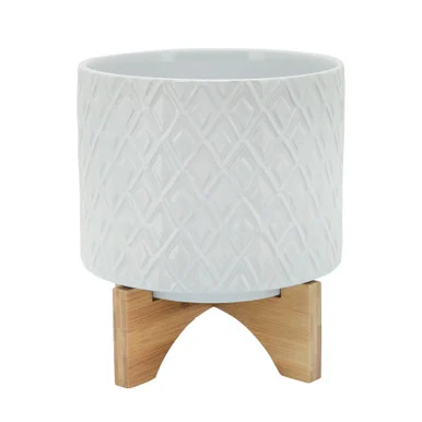 Diamond Ceramic Planter with Stand – 8″ – White