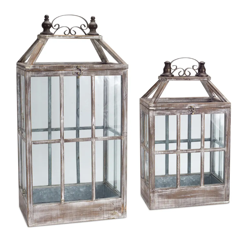 Coffee Brown Distressed Finish Vintage Style Lanterns – Set of 2 – 31.5″