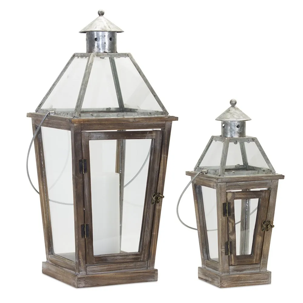 Set of 2 Brown and Gray Wood and Glass Lanterns 26.5″