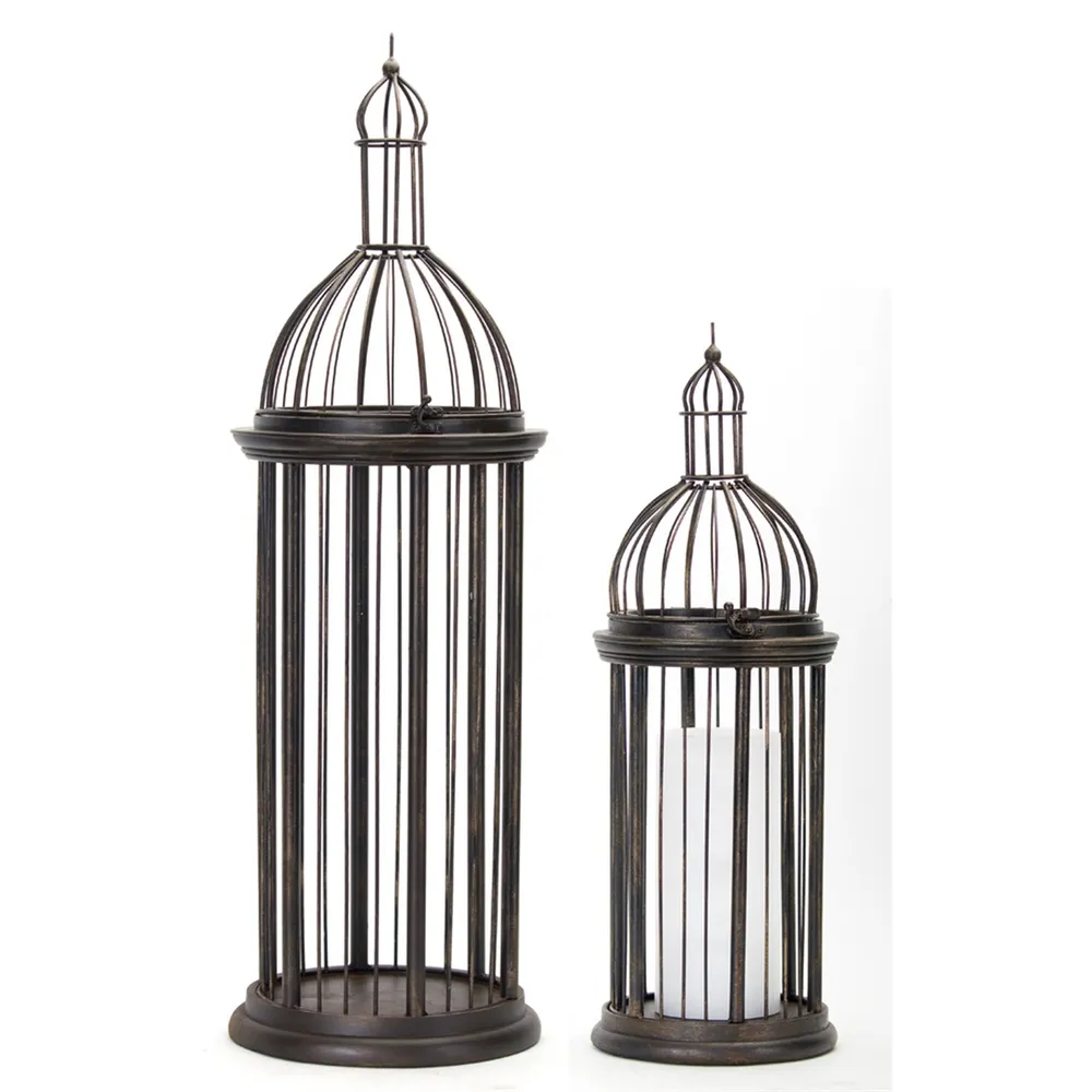 Set of 2 Antique Brown Bird Cage Metal Candle Holder 35.5″