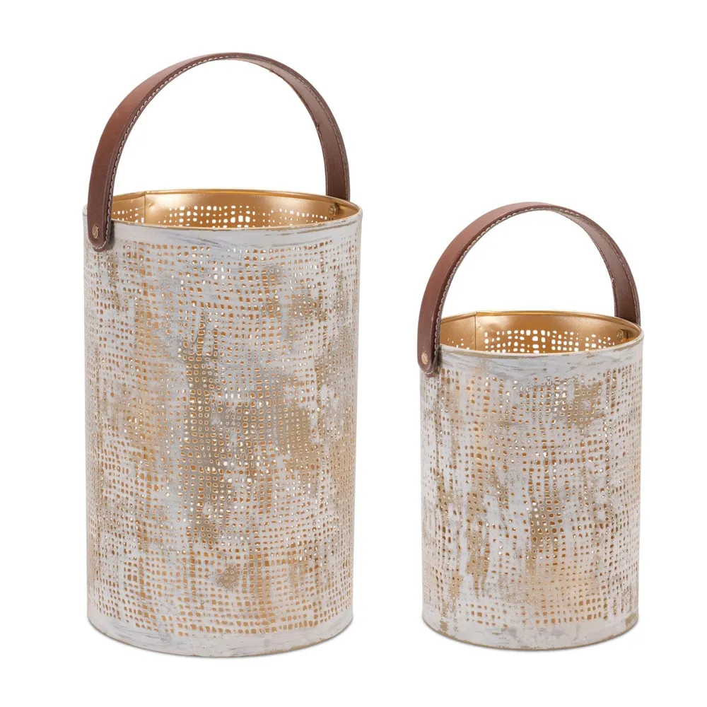 Abstract Cut-Out Candle Lanterns – 9.5″ – White and Gold – Set of 2
