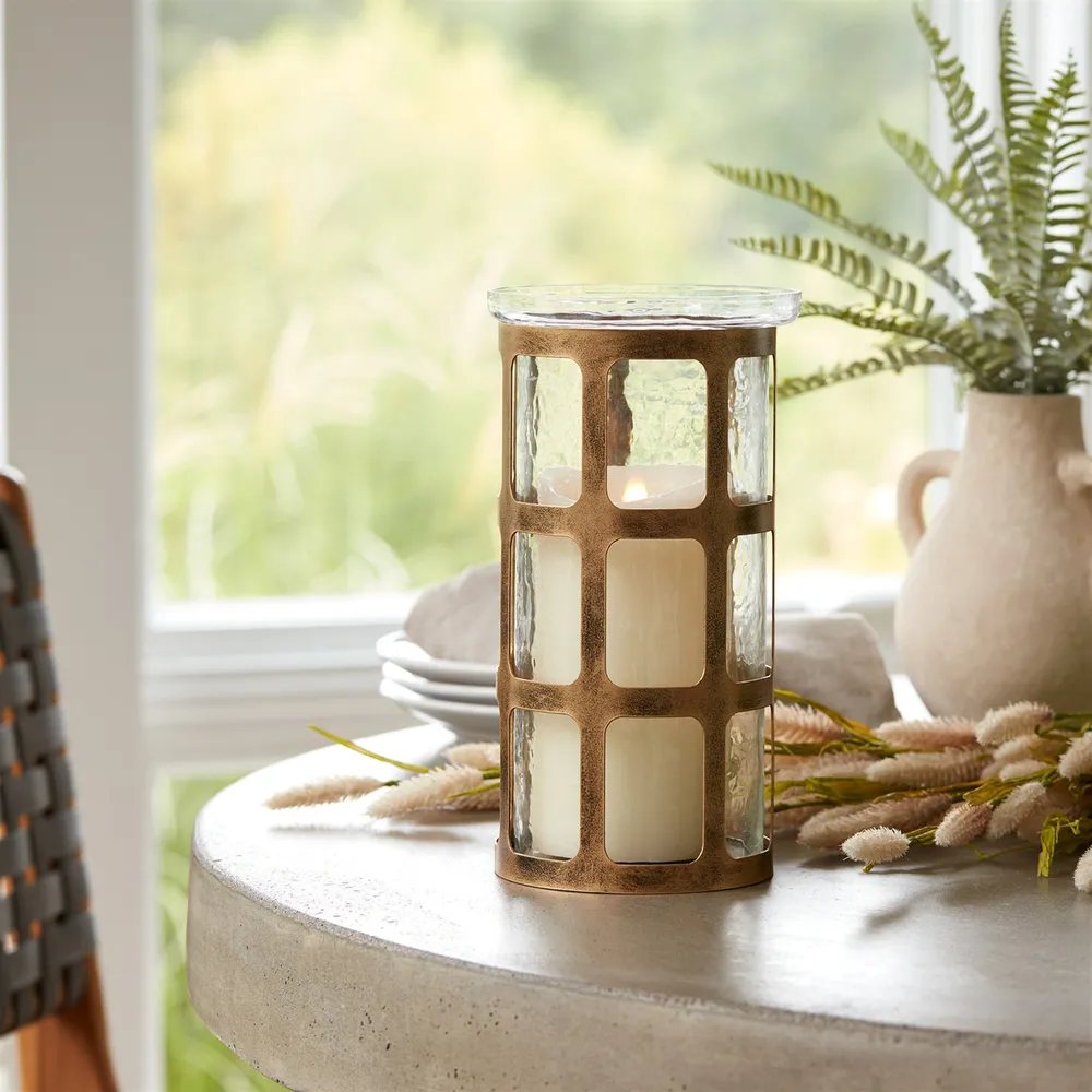 Wavy Glass Candle Holder with Metal Framed – 10″ – Gold