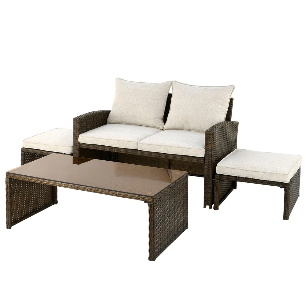 4-Piece Brown Outdoor Conversation Set with Beige Cushion 46″