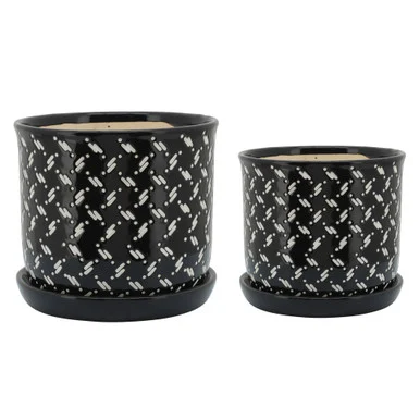 Dots Ceramic Planters with Saucers – 8″ – Black and White – Set of 2