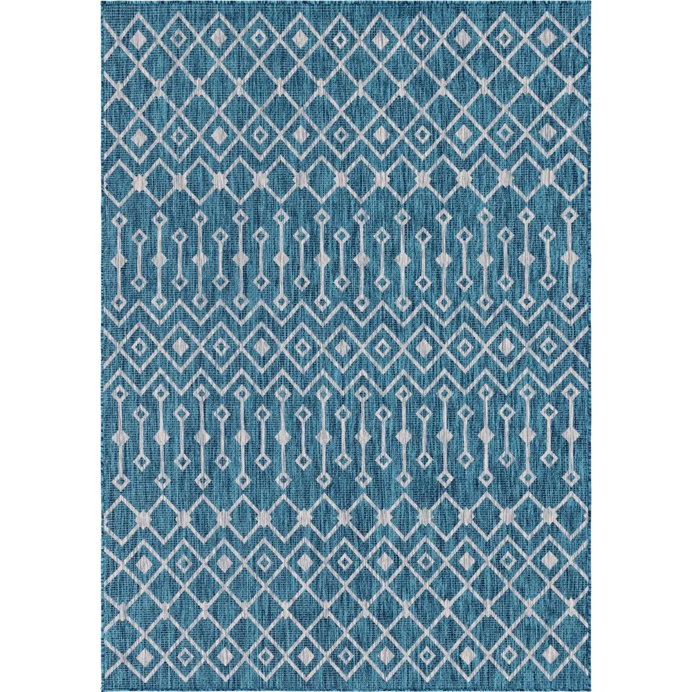 7′ x 10′ Teal Blue and Gray Geometric Rectangular Outdoor Area Throw Rug