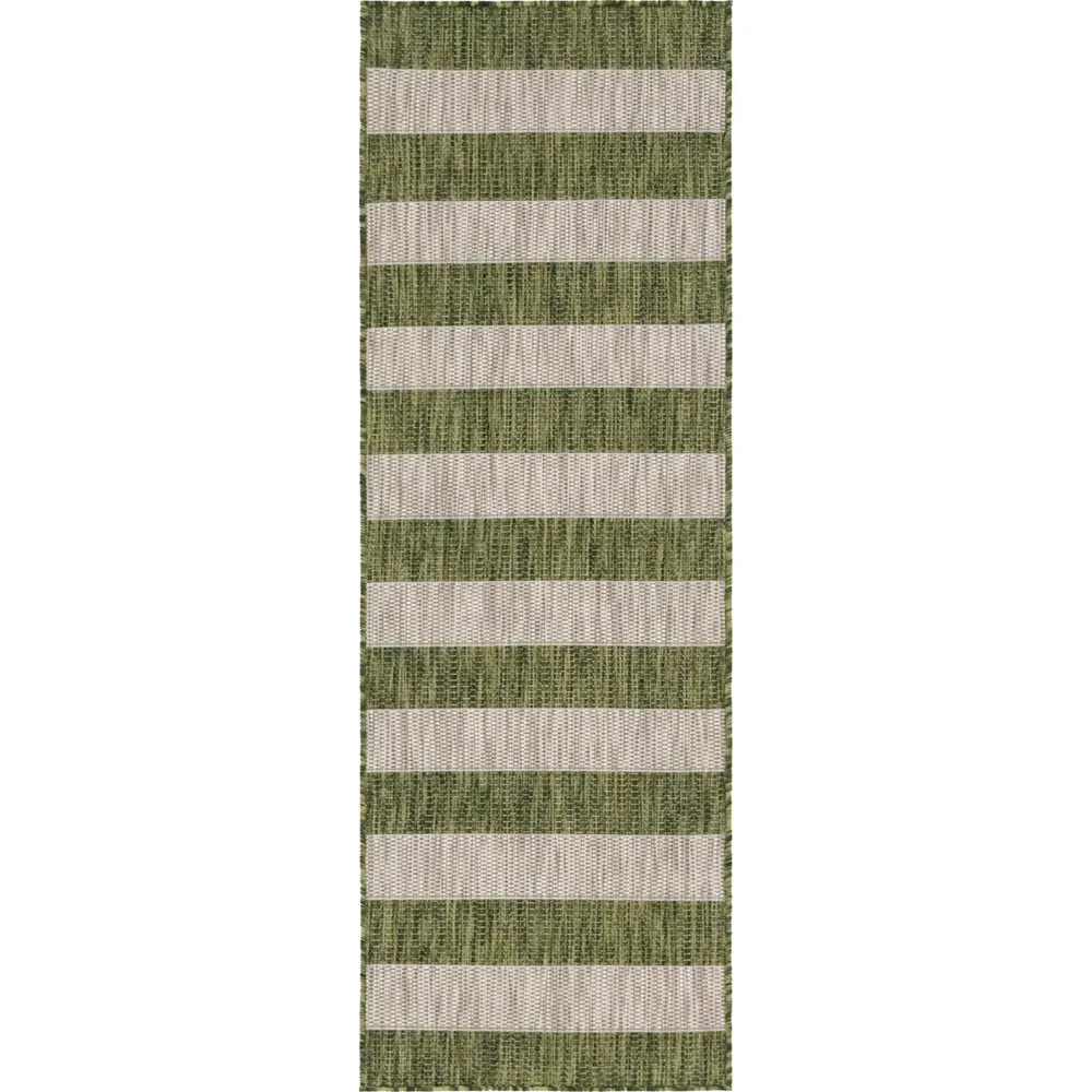 2′ x 6′ Olive Green and Gray Striped Rectangular Outdoor Rug Runner