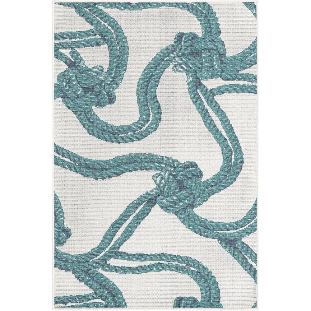 4′ x 6′ Ivory and Blue Coastal Themed Rope Knot Rectangular Outdoor Area Throw Rug
