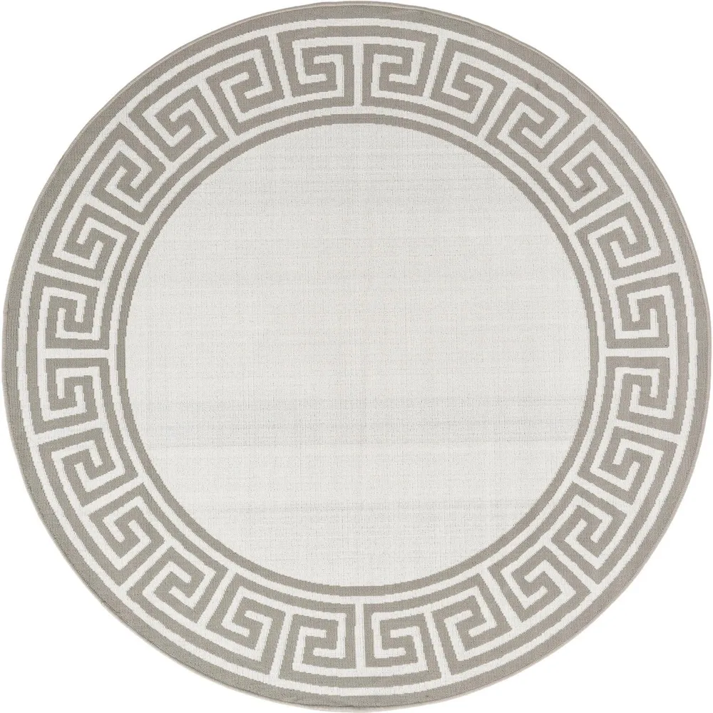 7′ Ivory and Gray Geometric Border Round Outdoor Area Throw Rug