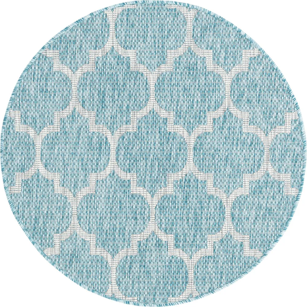 3.25′ Aquamarine Blue and Gray Moroccan Trellis Round Outdoor Area Throw Rug